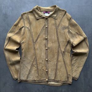 IDI By Matthew Leather Jacket Tan Crochet Trim Button Up Womens M